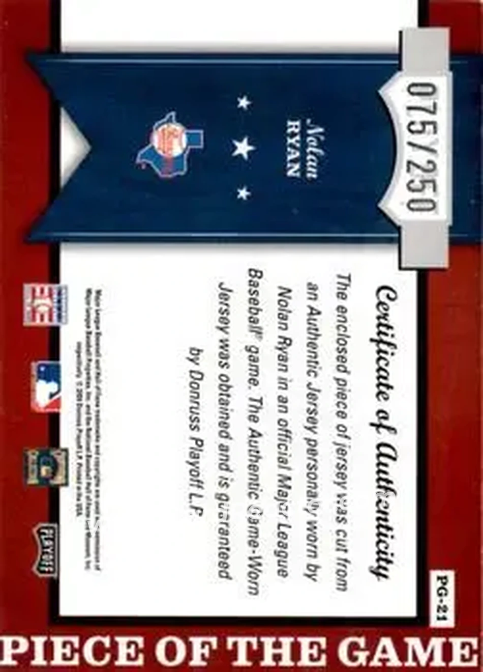 2004 Playoff Honors - Piece of the Game Jersey Position #PG-21 - Nolan Ryan - Texas Rangers - Back 2004 Playoff Honors - Piece of the Game Jersey Position #PG-21 - Nolan Ryan - Texas Rangers - Back