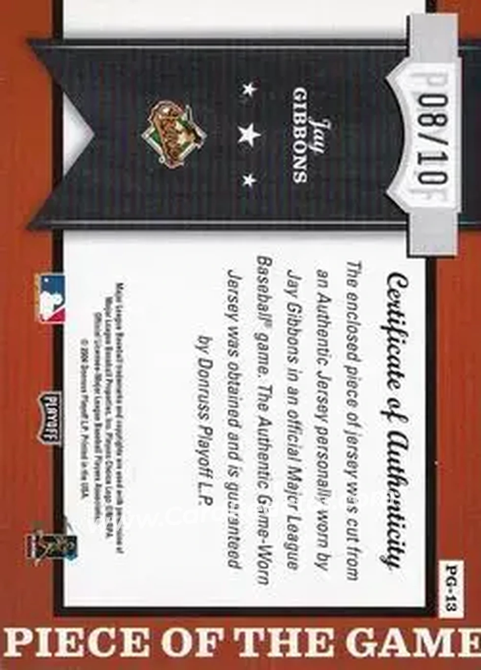2004 Playoff Honors - Piece of the Game Jersey Signature #PG-13 - Jay Gibbons - Baltimore Orioles - Back