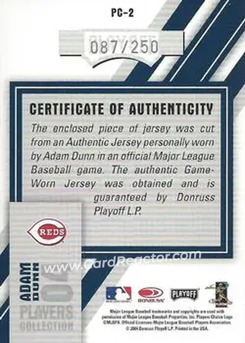 2004 Playoff Honors - Players Collection Jersey Blue #PC-2 - Adam Dunn - Cincinnati Reds - Back