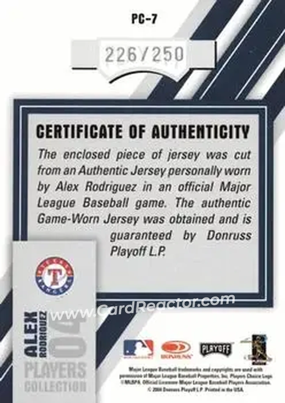 2004 Playoff Honors - Players Collection Jersey Blue #PC-7 - Alex Rodriguez - Texas Rangers - Back