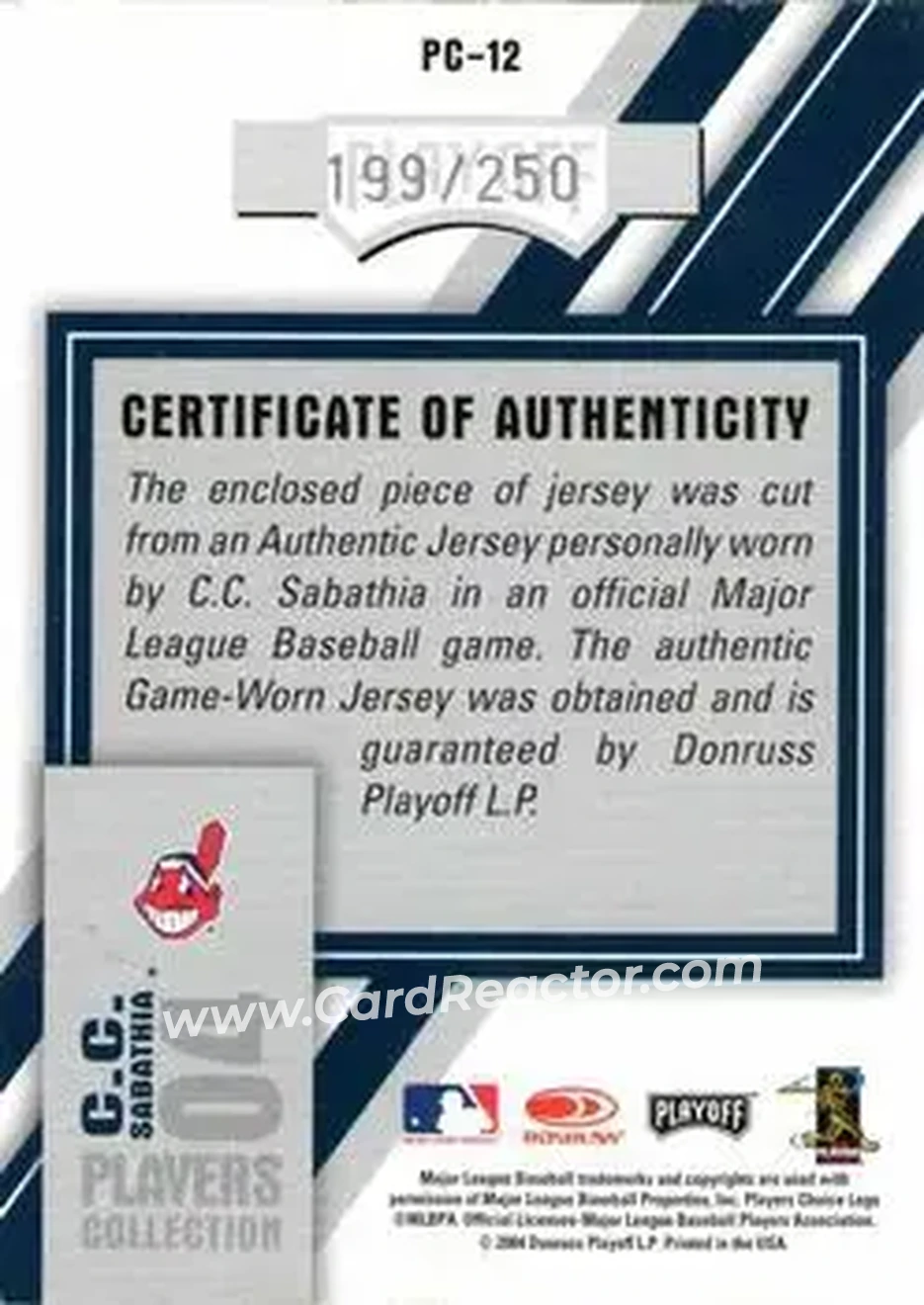2004 Playoff Honors - Players Collection Jersey Blue #PC-12 - CC Sabathia - Cleveland Indians - Back