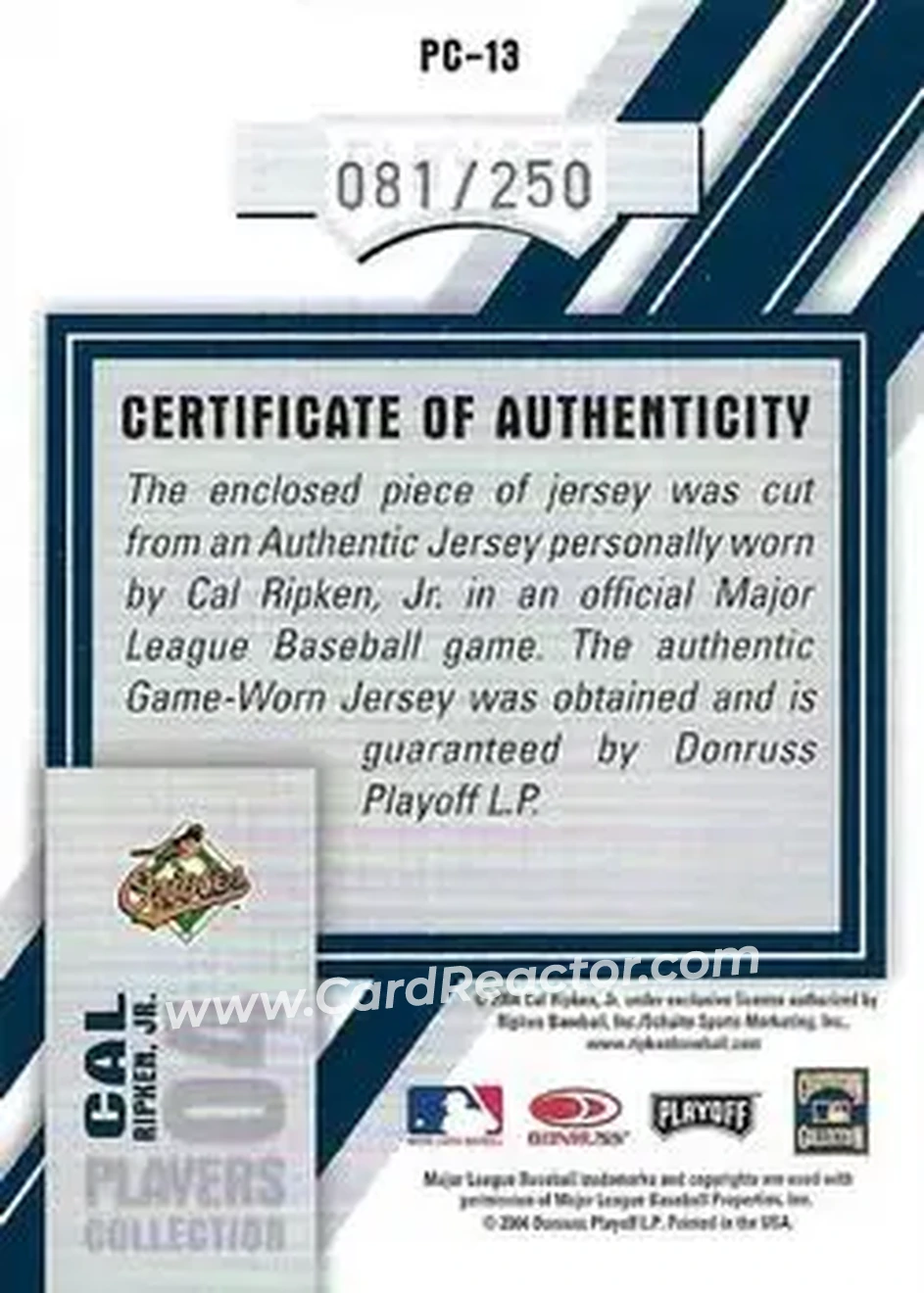 2004 Playoff Honors - Players Collection Jersey Blue #PC-13 - Cal Ripken - Baltimore Orioles - Back
