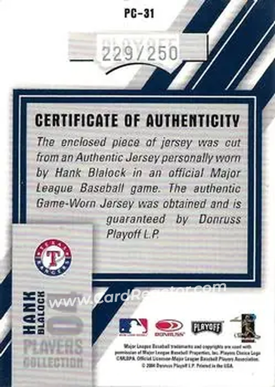 2004 Playoff Honors - Players Collection Jersey Blue #PC-32 - Hank Blalock - Texas Rangers - Back 2004 Playoff Honors - Players Collection Jersey Blue #PC-32 - Hank Blalock - Texas Rangers - Back