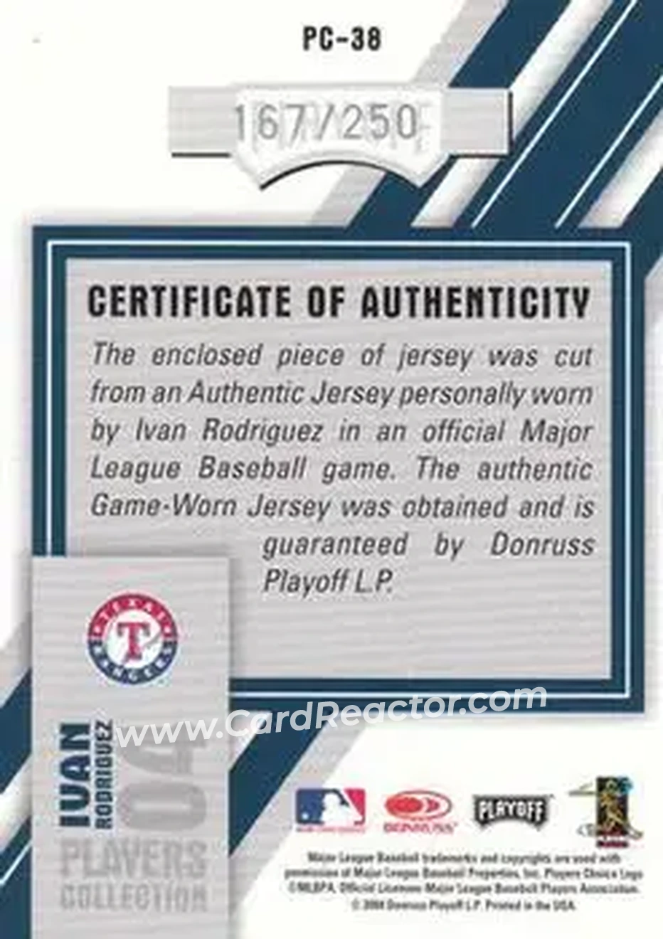 2004 Playoff Honors - Players Collection Jersey Blue #PC-38 - Ivan Rodriguez - Texas Rangers - Back