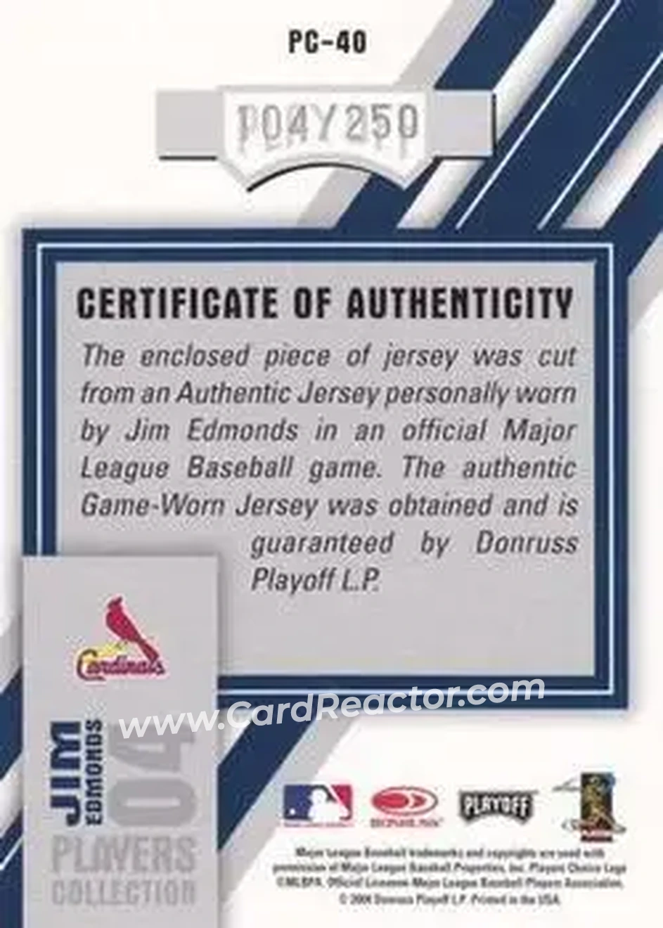 2004 Playoff Honors - Players Collection Jersey Blue #PC-40 - Jim Edmonds - St. Louis Cardinals - Back