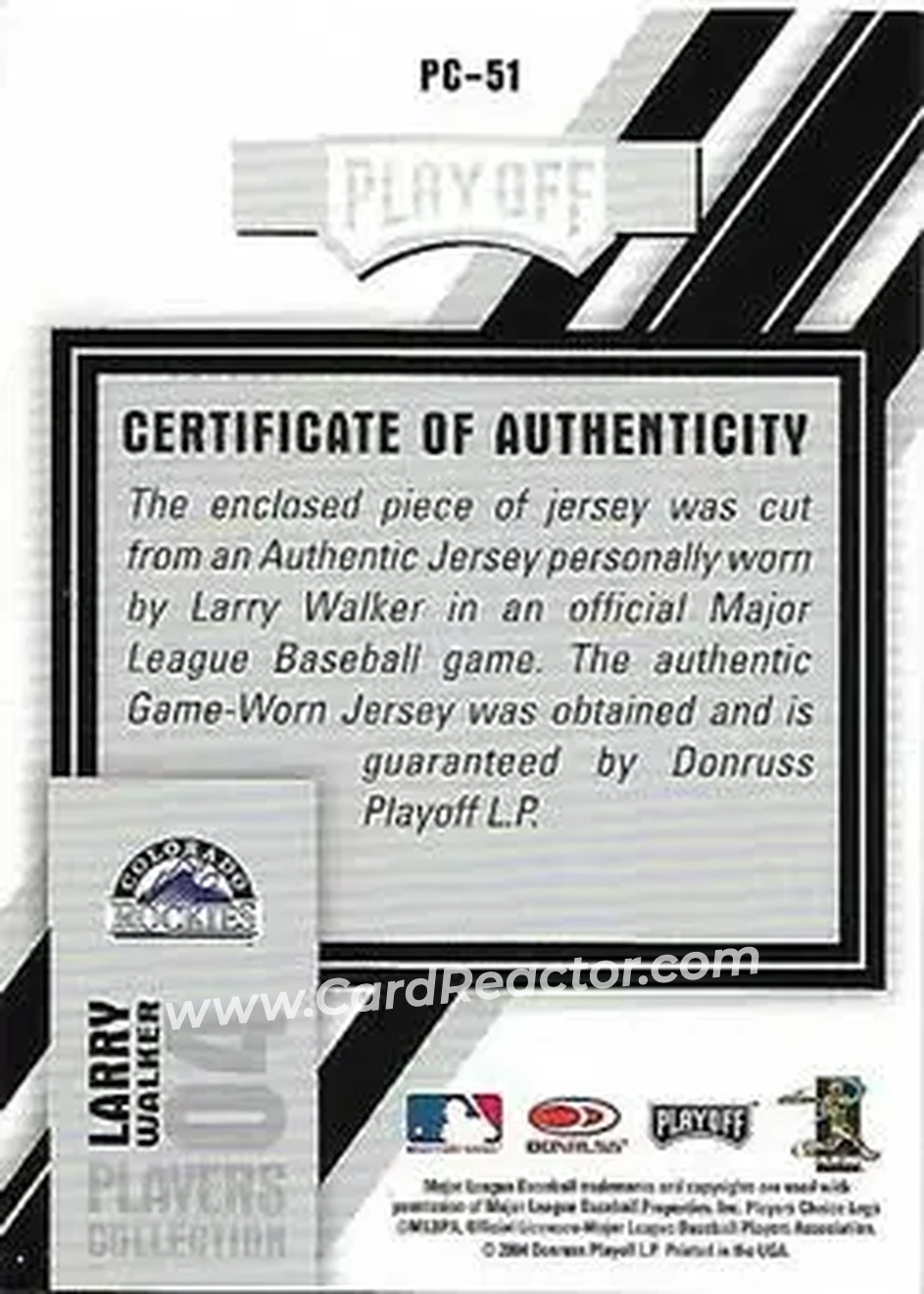 2004 Playoff Honors - Players Collection Jersey Blue #PC-51 - Larry Walker - Colorado Rockies - Back