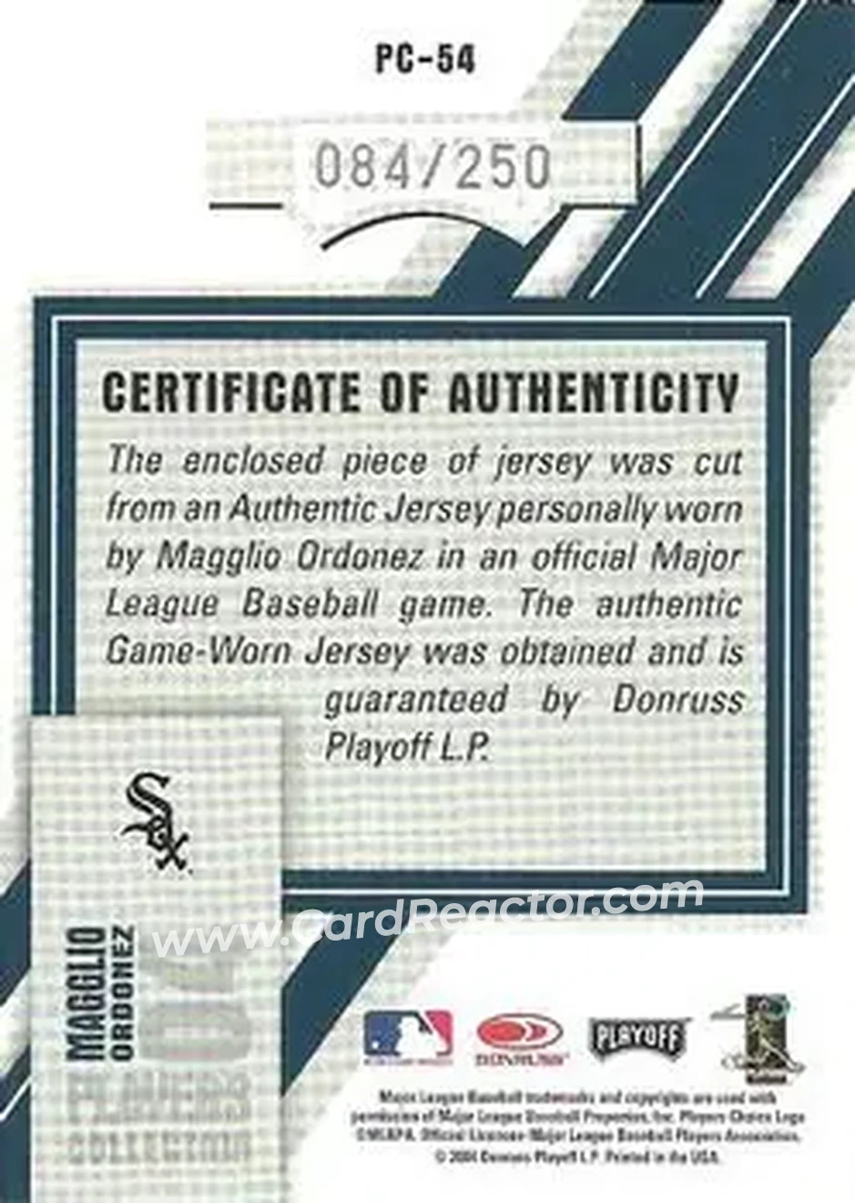 2004 Playoff Honors - Players Collection Jersey Blue #PC-54 - Magglio Ordonez - Chicago White Sox - Back