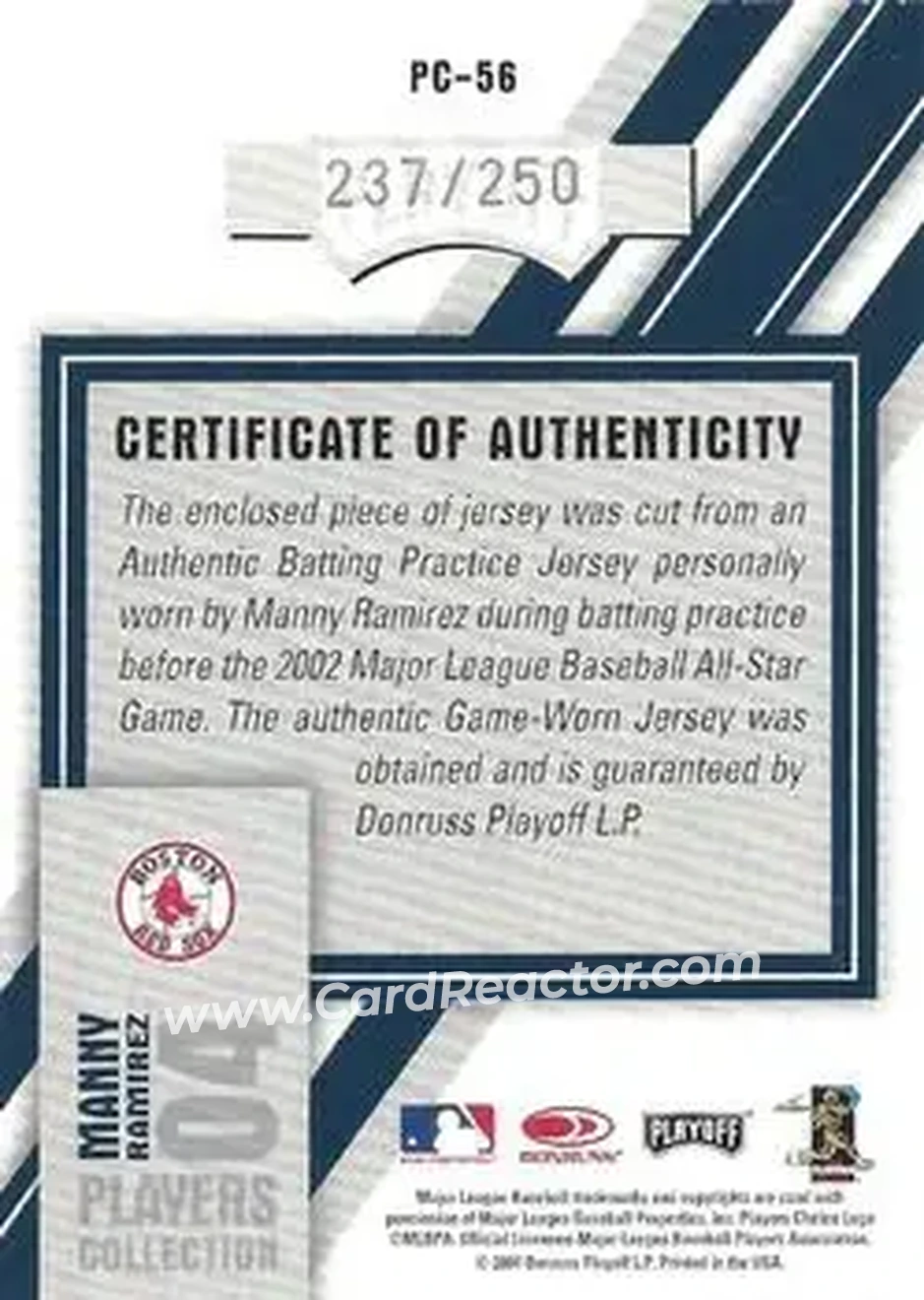 2004 Playoff Honors - Players Collection Jersey Blue #PC-56 - Manny Ramirez - Boston Red Sox - Back