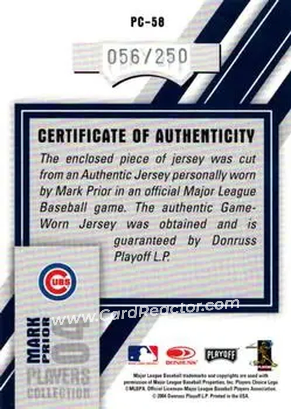 2004 Playoff Honors - Players Collection Jersey Blue #PC-58 - Mark Prior - Chicago Cubs - Back