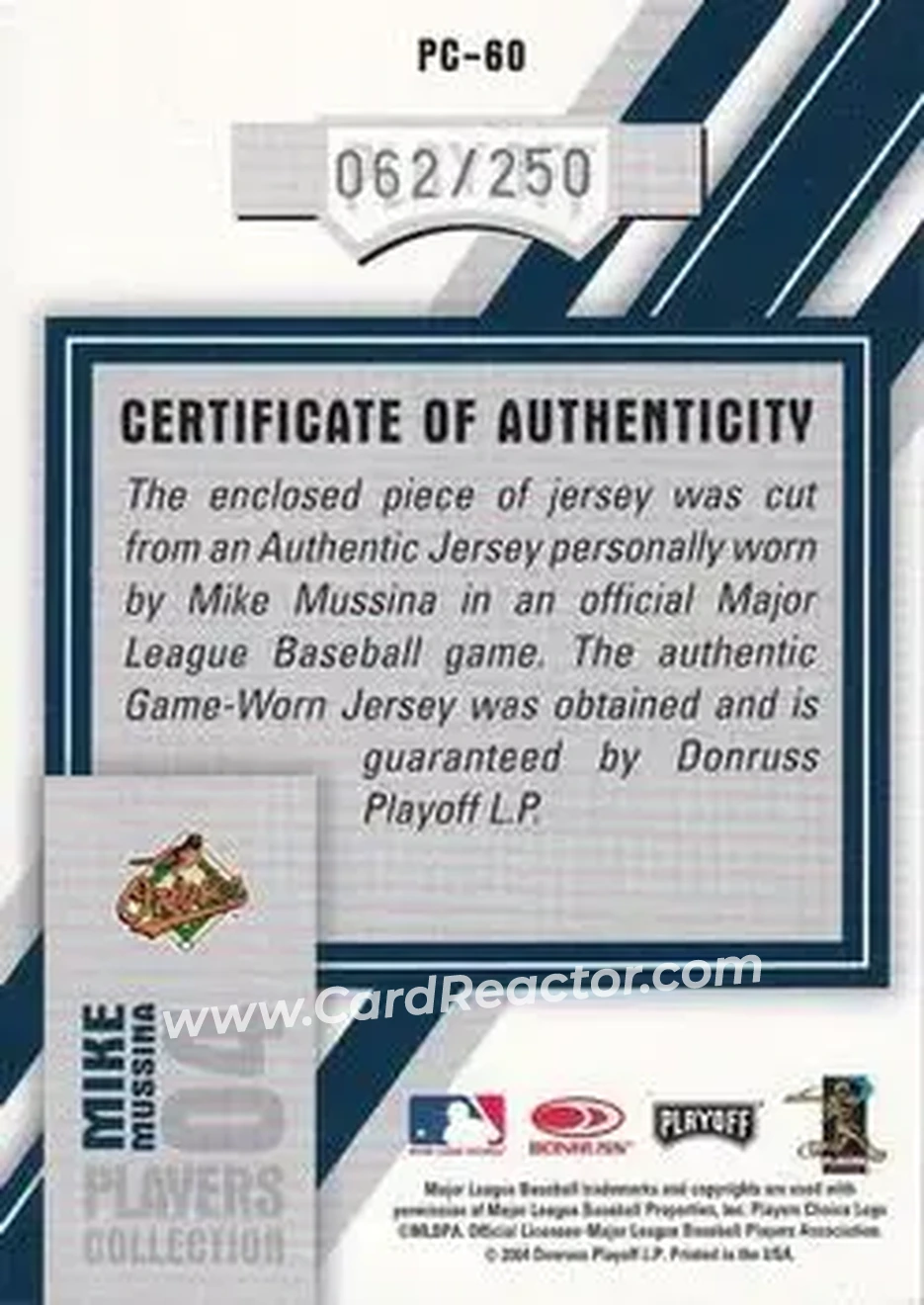 2004 Playoff Honors - Players Collection Jersey Blue #PC-60 - Mike Mussina - Baltimore Orioles - Back