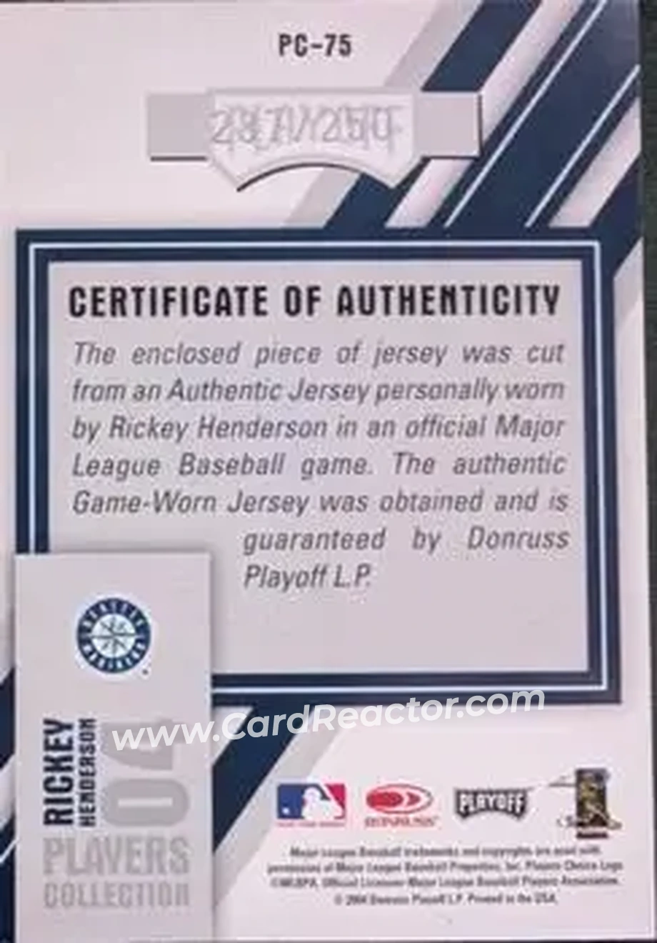 2004 Playoff Honors - Players Collection Jersey Blue #PC-75 - Rickey Henderson - Seattle Mariners - Back 2004 Playoff Honors - Players Collection Jersey Blue #PC-75 - Rickey Henderson - Seattle Mariners - Back