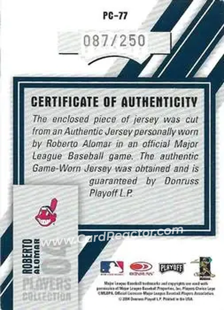 2004 Playoff Honors - Players Collection Jersey Blue #PC-77 - Roberto Alomar - Cleveland Indians - Back