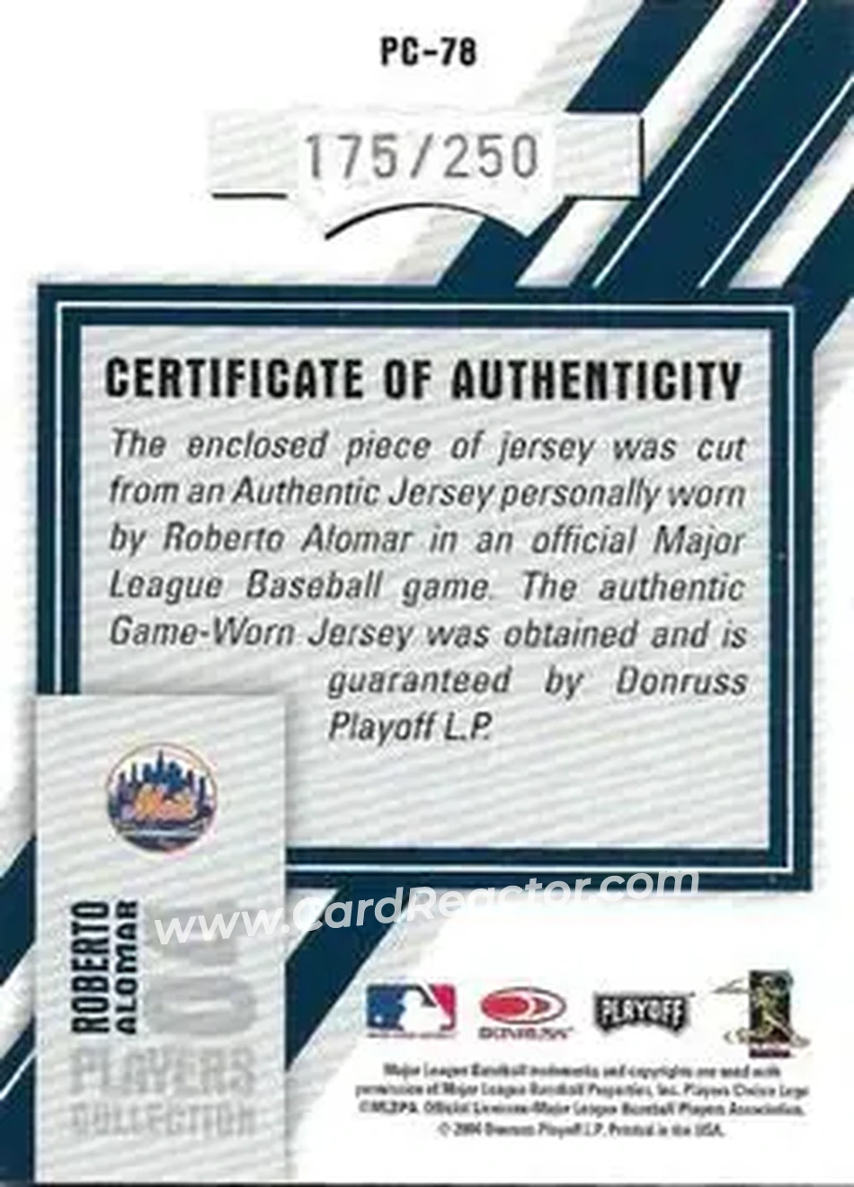 2004 Playoff Honors - Players Collection Jersey Blue #PC-78 - Roberto Alomar - New York Mets - Back