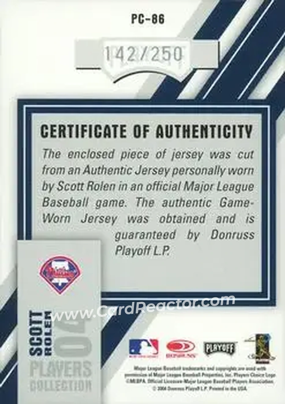 2004 Playoff Honors - Players Collection Jersey Blue #PC-86 - Scott Rolen - Philadelphia Phillies - Back