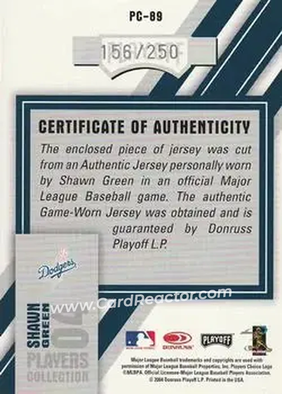 2004 Playoff Honors - Players Collection Jersey Blue #PC-89 - Shawn Green - Los Angeles Dodgers - Back