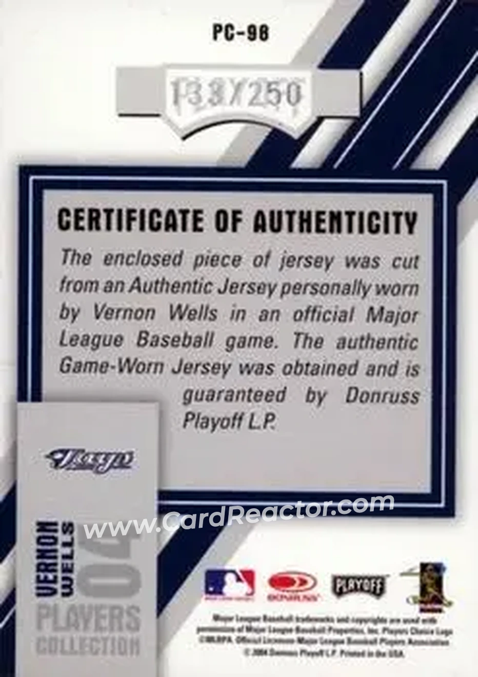 2004 Playoff Honors - Players Collection Jersey Blue #PC-98 - Vernon Wells - Toronto Blue Jays - Back