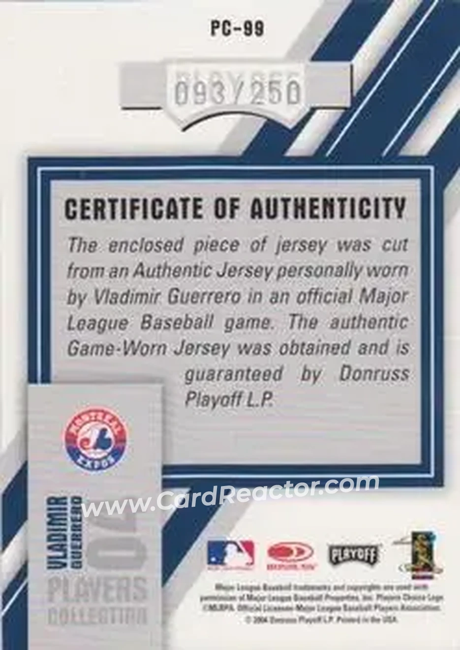2004 Playoff Honors - Players Collection Jersey Blue #PC-99 - Vladimir Guerrero - Montreal Expos - Back