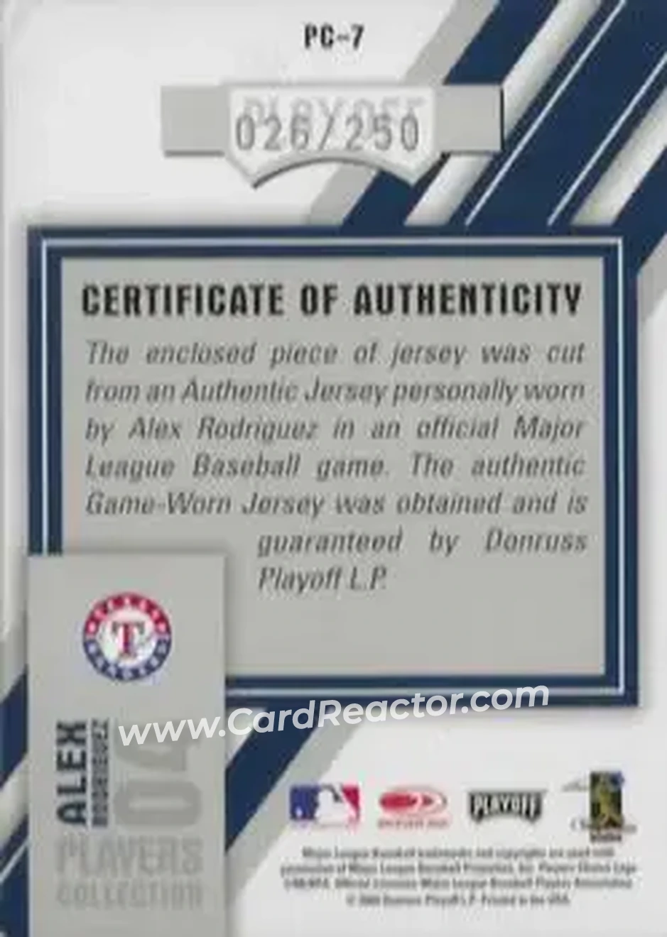 2004 Playoff Honors - Players Collection Jersey Blue Number #PC-7 - Alex Rodriguez - Texas Rangers - Back