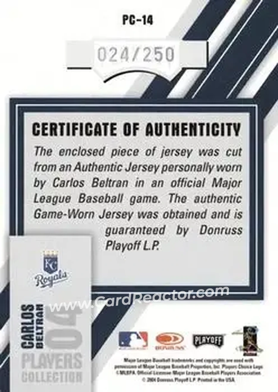 2004 Playoff Honors - Players Collection Jersey Blue Number #PC-14 - Carlos Beltran - Kansas City Royals - Back