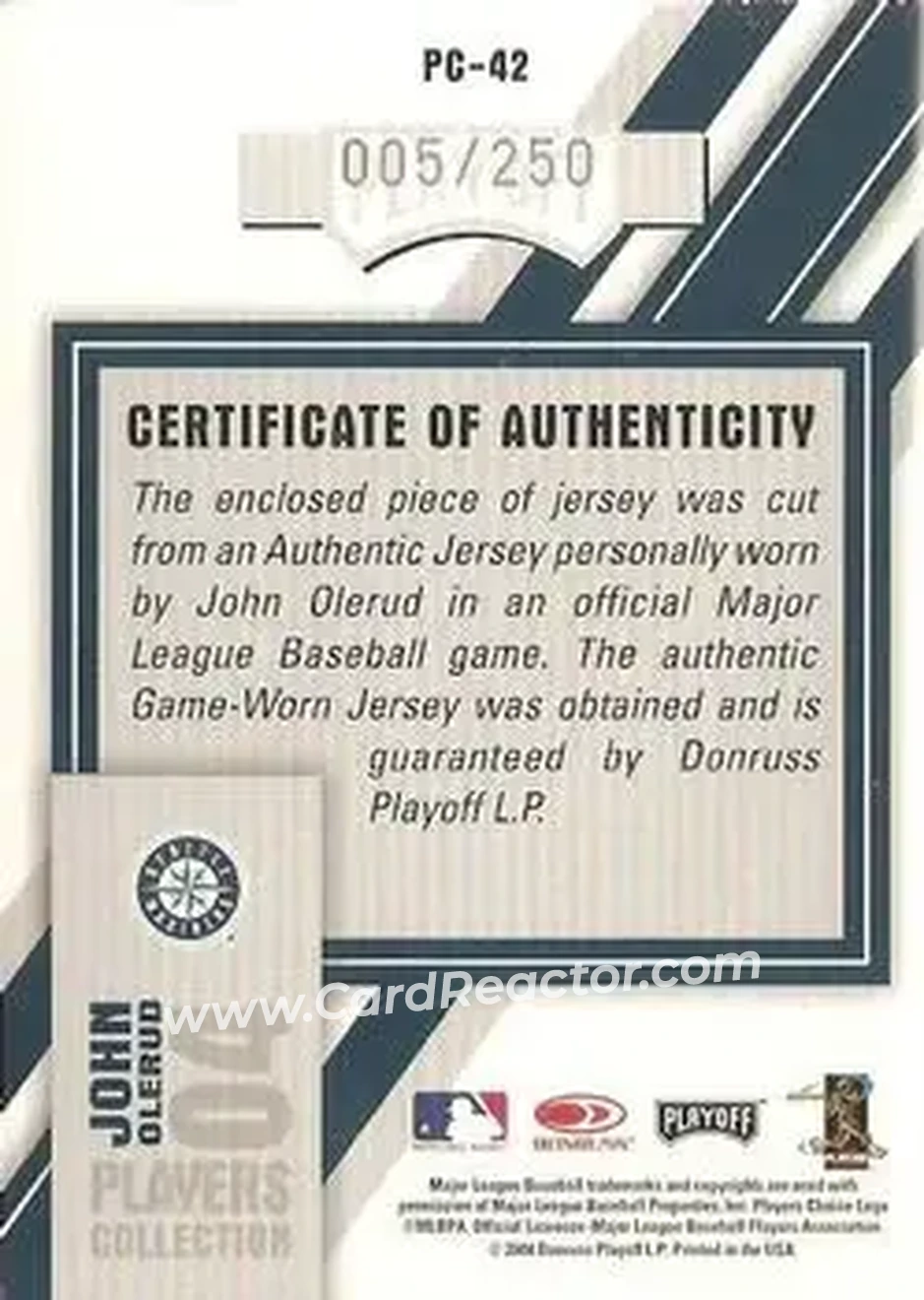2004 Playoff Honors - Players Collection Jersey Blue Number #PC-42 - John Olerud - Seattle Mariners - Back
