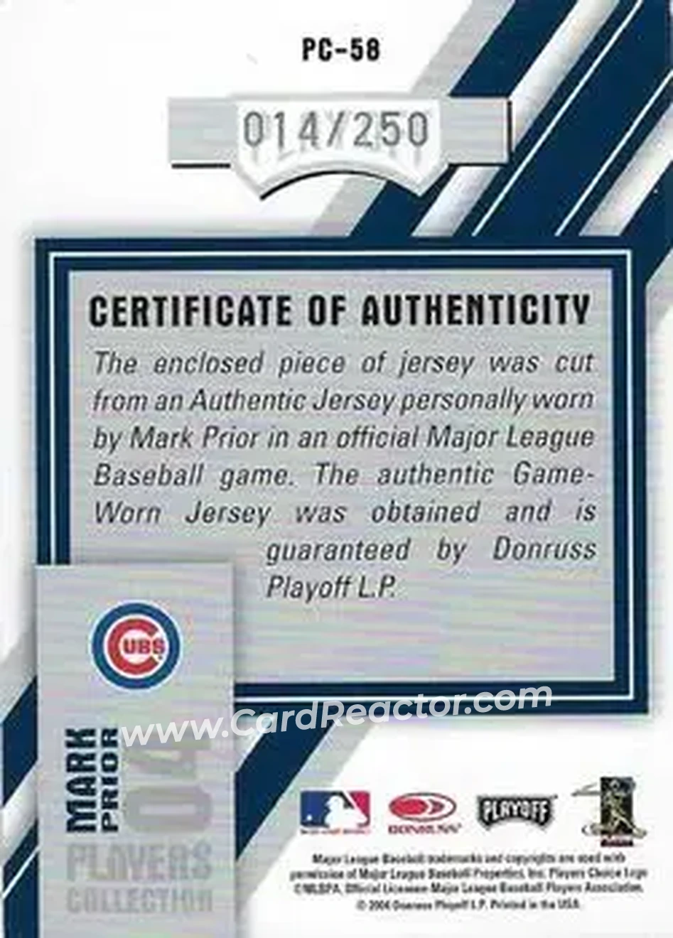 2004 Playoff Honors - Players Collection Jersey Blue Number #PC-58 - Mark Prior - Chicago Cubs - Back 2004 Playoff Honors - Players Collection Jersey Blue Number #PC-58 - Mark Prior - Chicago Cubs - Back