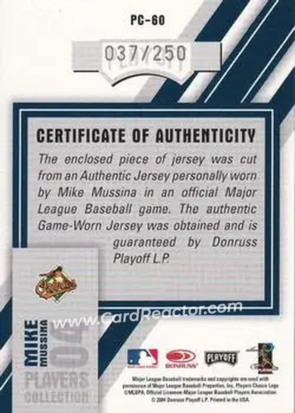 2004 Playoff Honors - Players Collection Jersey Blue Number #PC-60 - Mike Mussina - Baltimore Orioles - Back