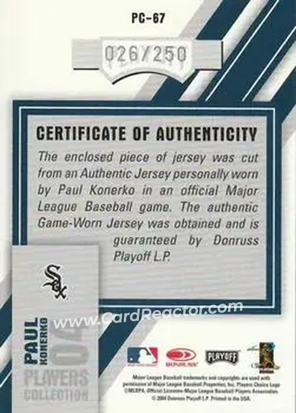 2004 Playoff Honors - Players Collection Jersey Blue Number #PC-67 - Paul Konerko - Chicago White Sox - Back