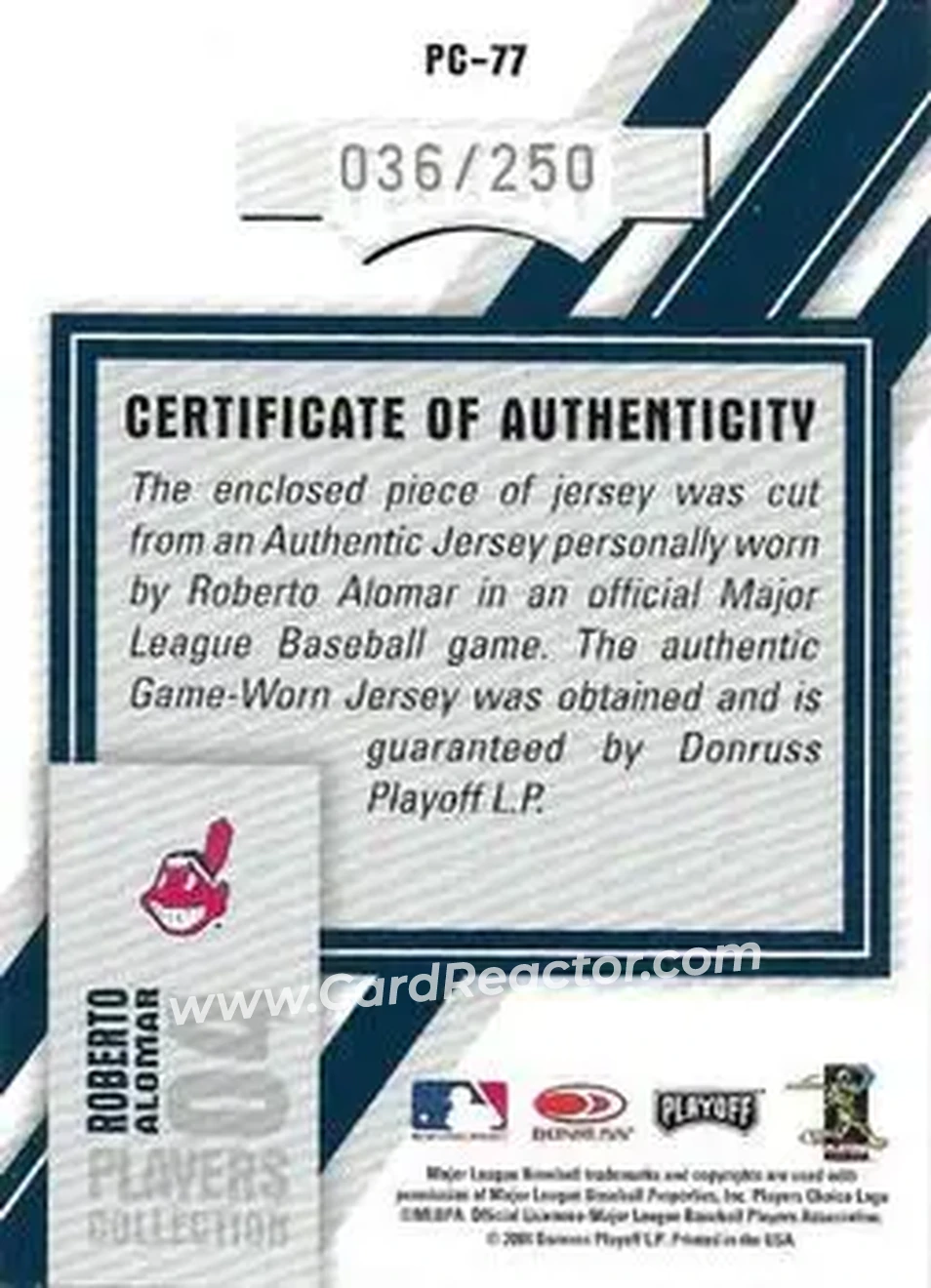 2004 Playoff Honors - Players Collection Jersey Blue Number #PC-77 - Roberto Alomar - Cleveland Indians - Back 2004 Playoff Honors - Players Collection Jersey Blue Number #PC-77 - Roberto Alomar - Cleveland Indians - Back