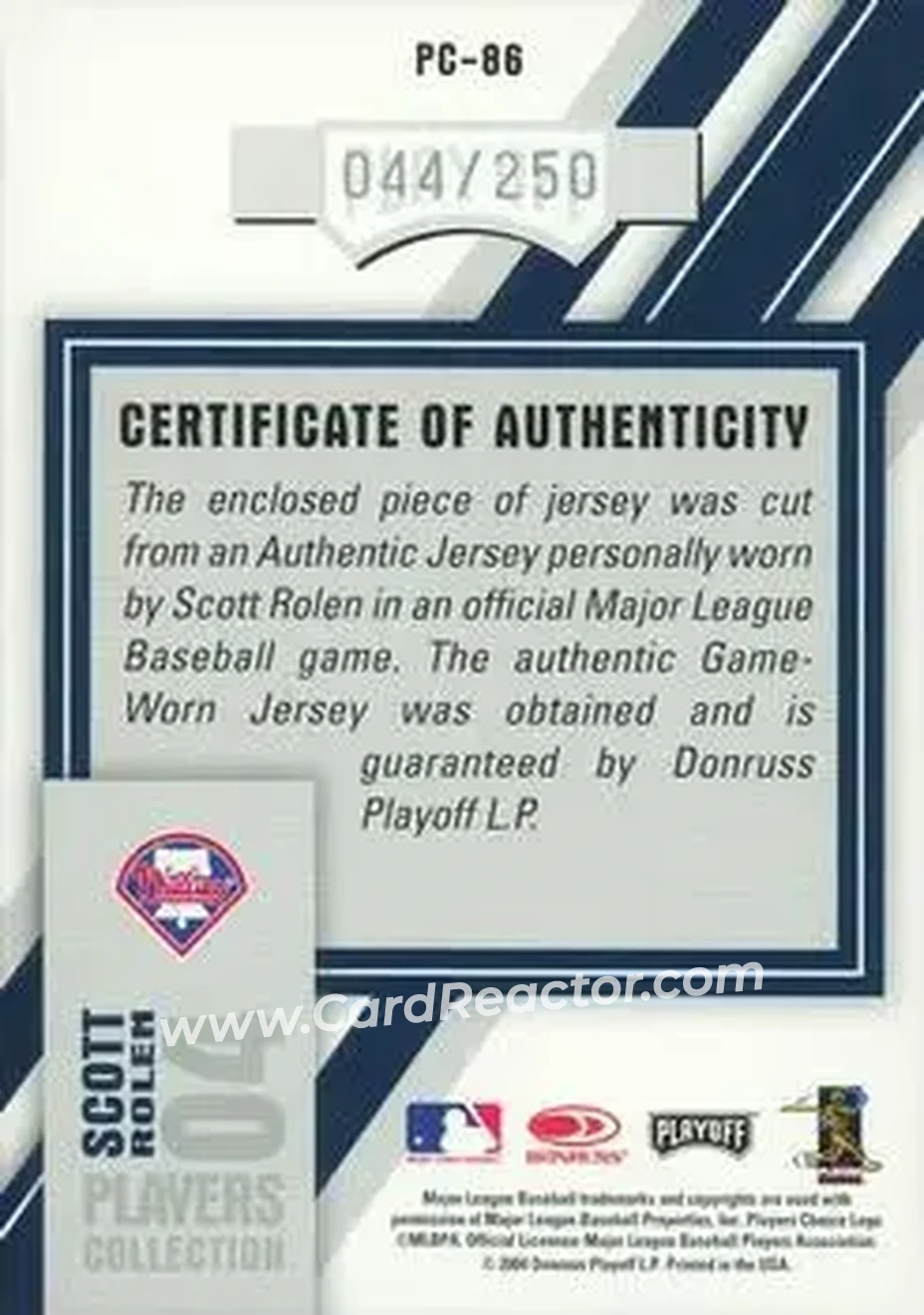 2004 Playoff Honors - Players Collection Jersey Blue Number #PC-86 - Scott Rolen - Philadelphia Phillies - Back