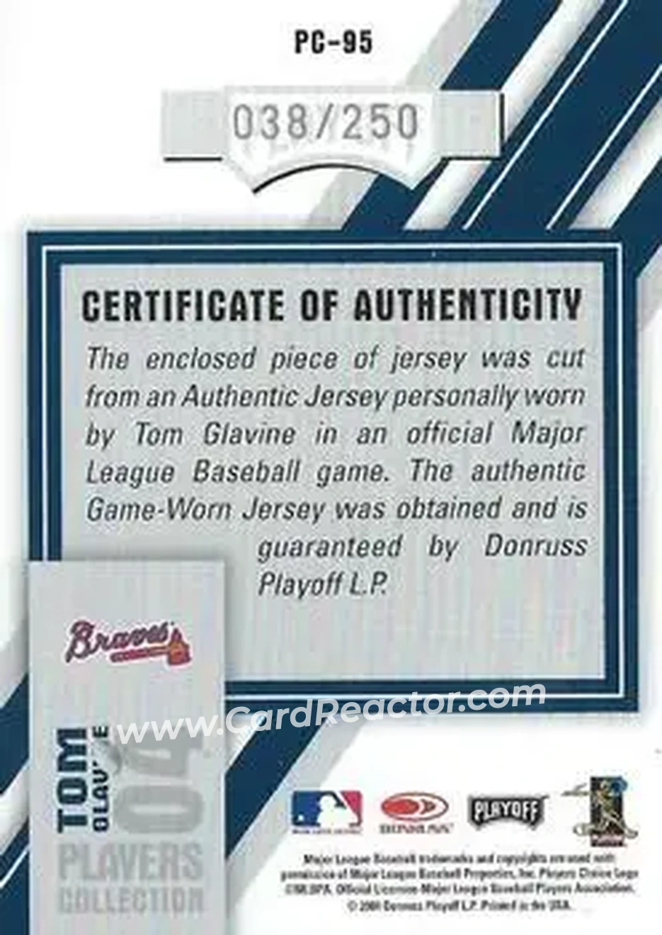 2004 Playoff Honors - Players Collection Jersey Blue Number #PC-95 - Tom Glavine - Atlanta Braves - Back