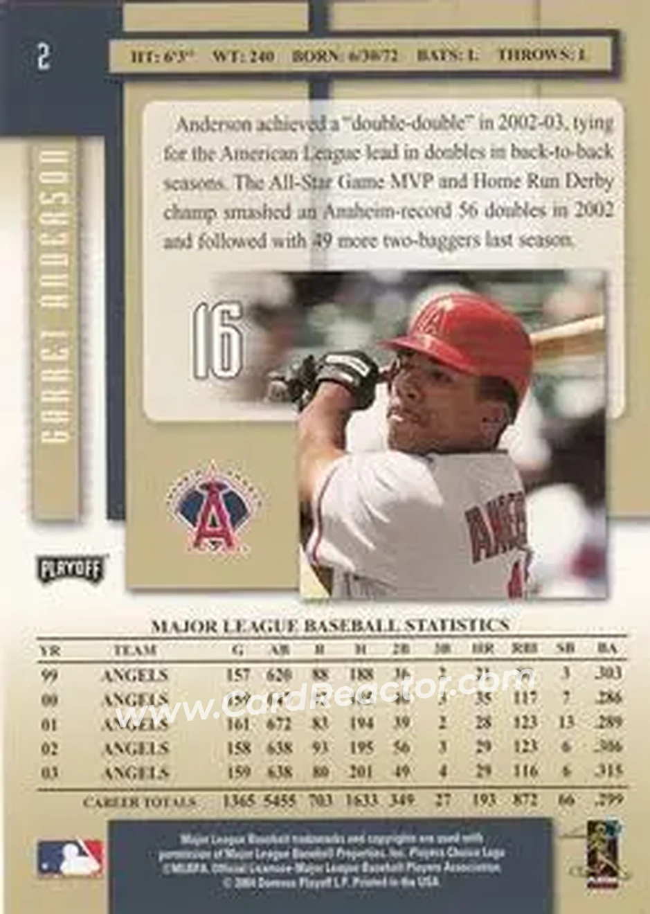 2004 Playoff Prestige #2 - Garret Anderson - Anaheim Angels - Back