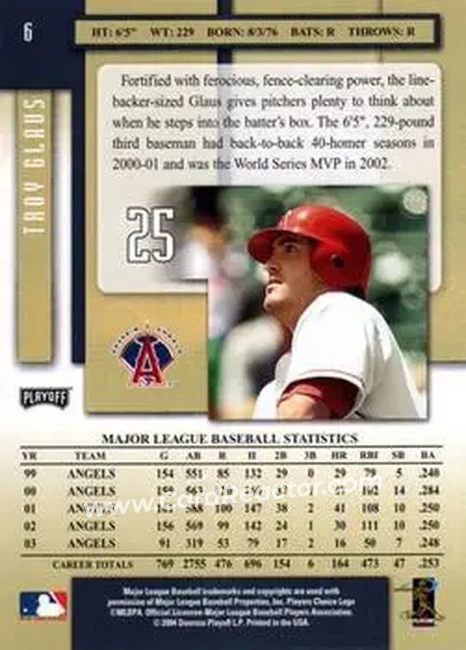 2004 Playoff Prestige #6 - Troy Glaus - Anaheim Angels - Back 2004 Playoff Prestige #6 - Troy Glaus - Anaheim Angels - Back