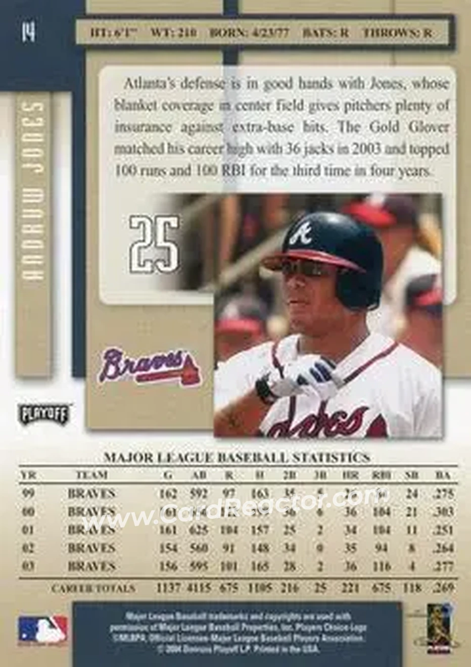 2004 Playoff Prestige #14 - Andruw Jones - Atlanta Braves - Back