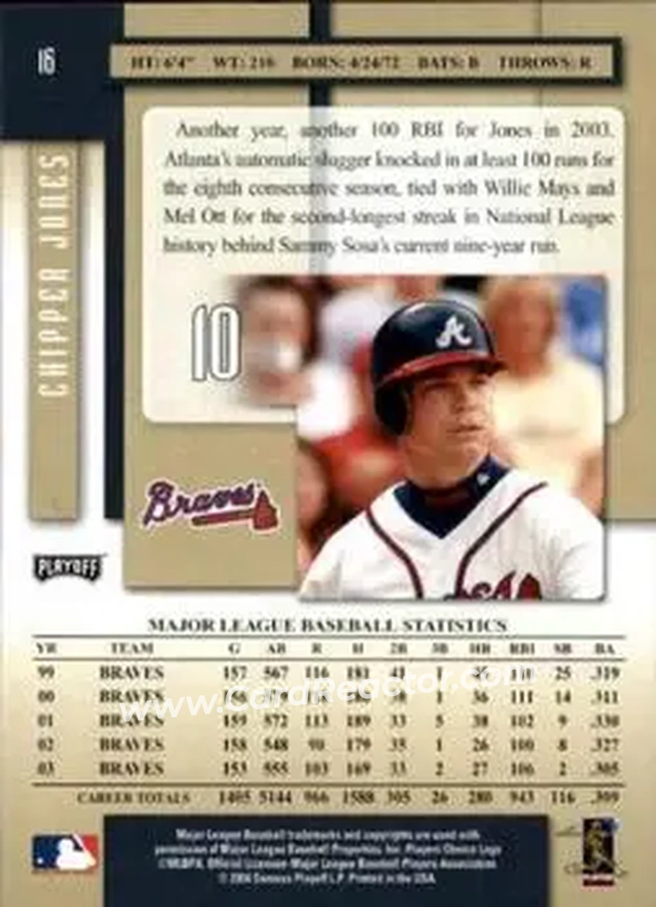 2004 Playoff Prestige #16 - Chipper Jones - Atlanta Braves - Back