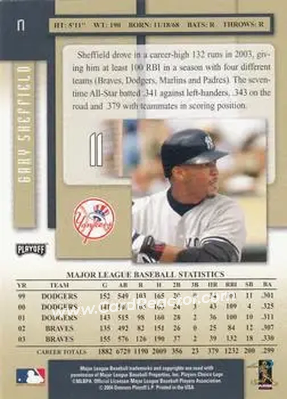2004 Playoff Prestige #17 - Gary Sheffield - New York Yankees - Back
