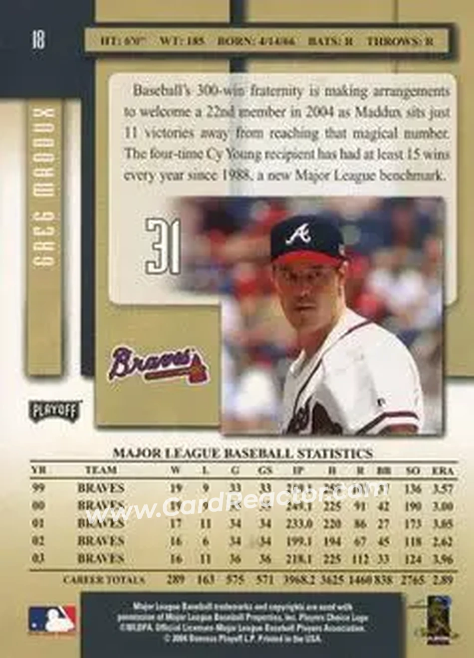 2004 Playoff Prestige #18 - Greg Maddux - Atlanta Braves - Back