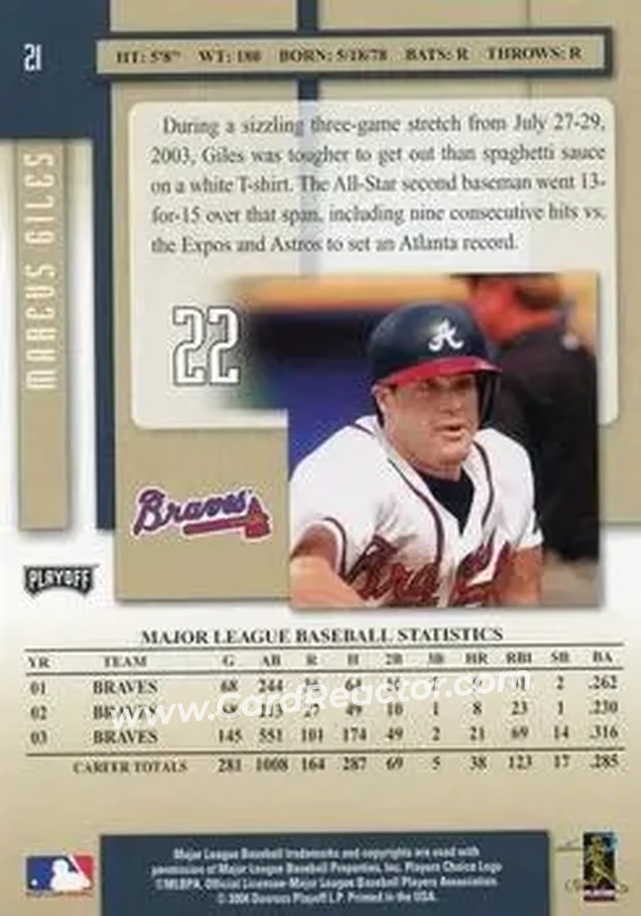 2004 Playoff Prestige #21 - Marcus Giles - Atlanta Braves - Back