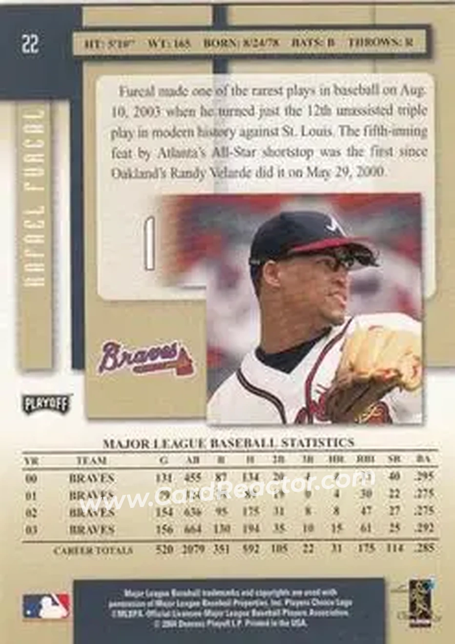 2004 Playoff Prestige #22 - Rafael Furcal - Atlanta Braves - Back 2004 Playoff Prestige #22 - Rafael Furcal - Atlanta Braves - Back