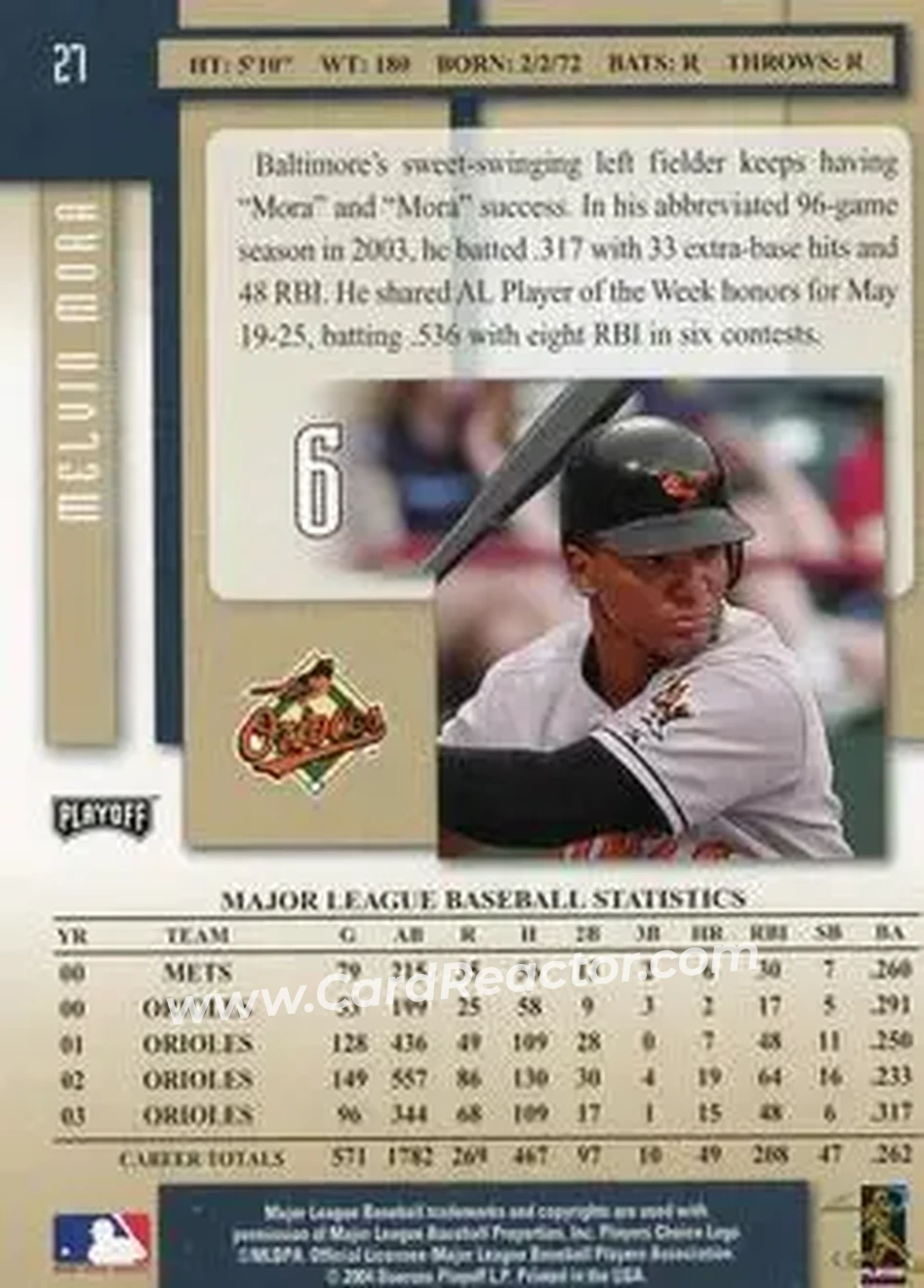 2004 Playoff Prestige #27 - Melvin Mora - Baltimore Orioles - Back 2004 Playoff Prestige #27 - Melvin Mora - Baltimore Orioles - Back