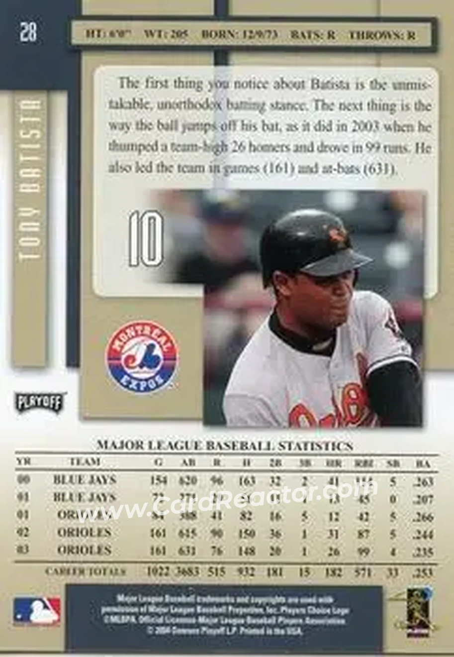 2004 Playoff Prestige #28 - Tony Batista - Montreal Expos - Back