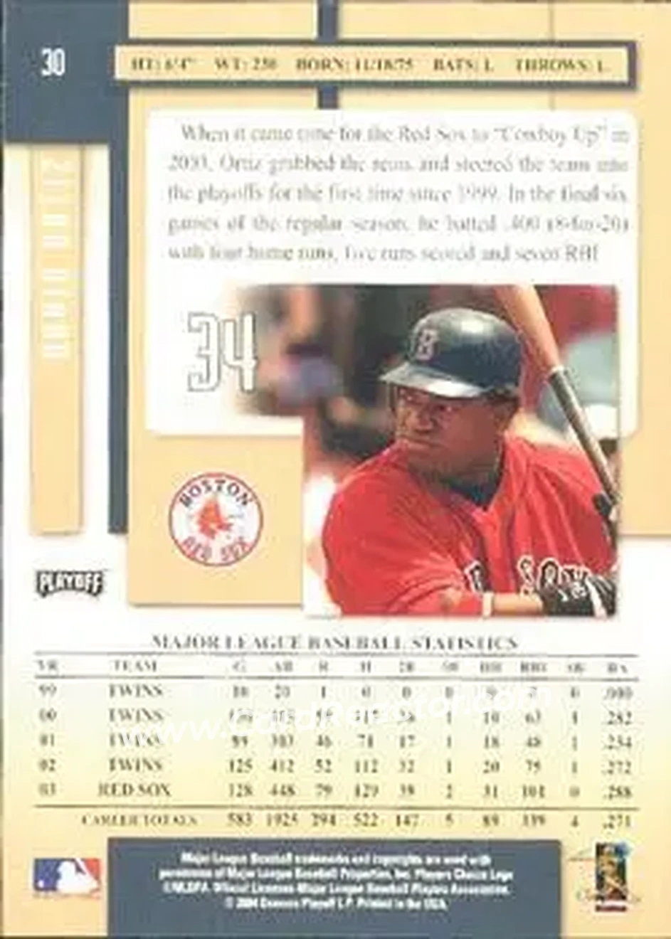 2004 Playoff Prestige #30 - David Ortiz - Boston Red Sox - Back 2004 Playoff Prestige #30 - David Ortiz - Boston Red Sox - Back