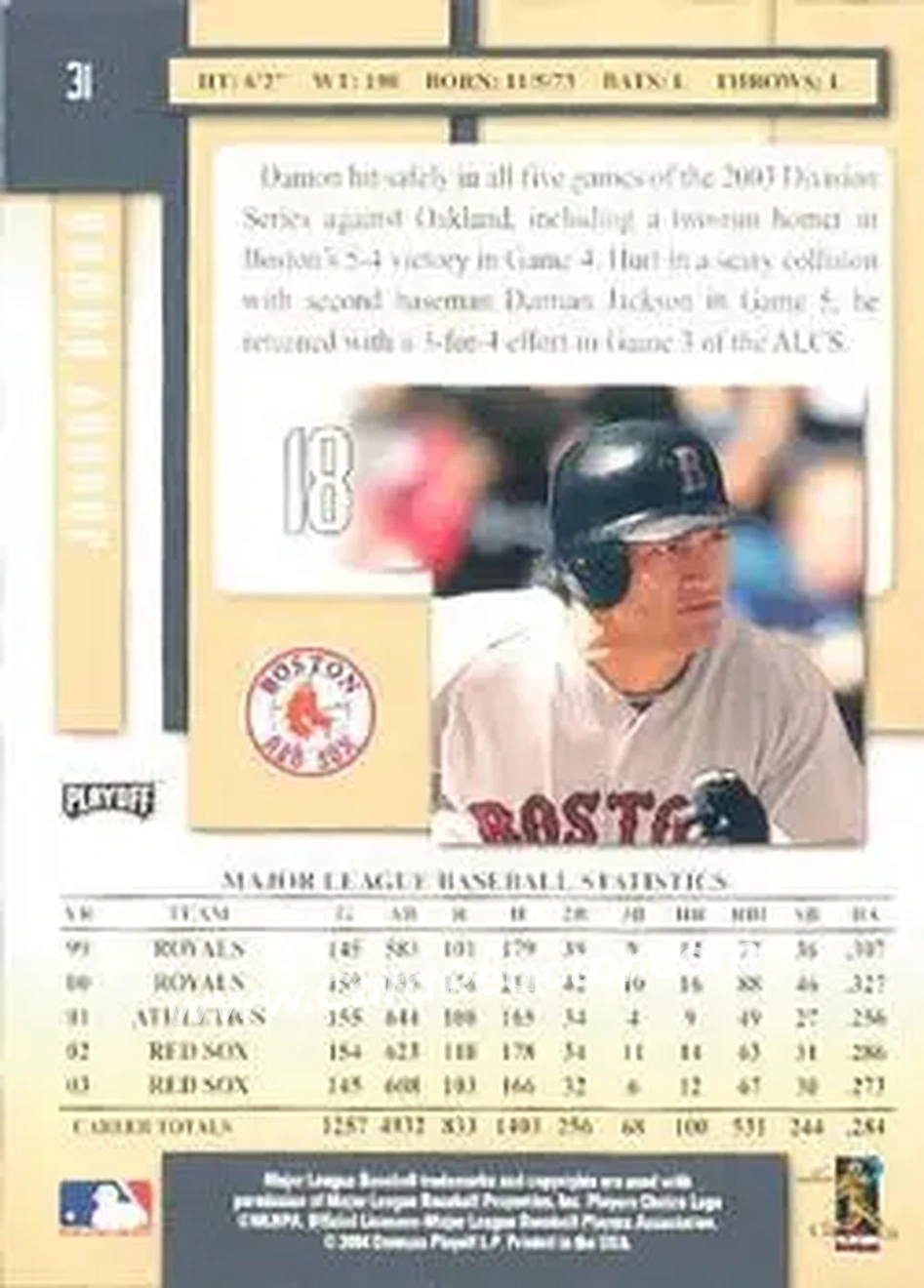 2004 Playoff Prestige #31 - Johnny Damon - Boston Red Sox - Back 2004 Playoff Prestige #31 - Johnny Damon - Boston Red Sox - Back