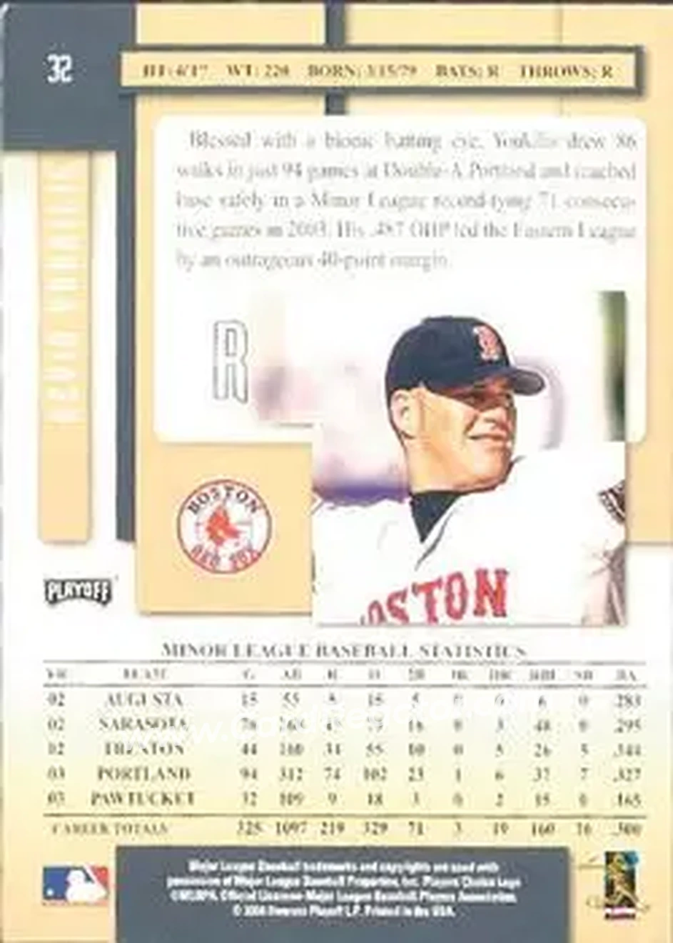2004 Playoff Prestige #32 - Kevin Youkilis - Boston Red Sox - Back 2004 Playoff Prestige #32 - Kevin Youkilis - Boston Red Sox - Back