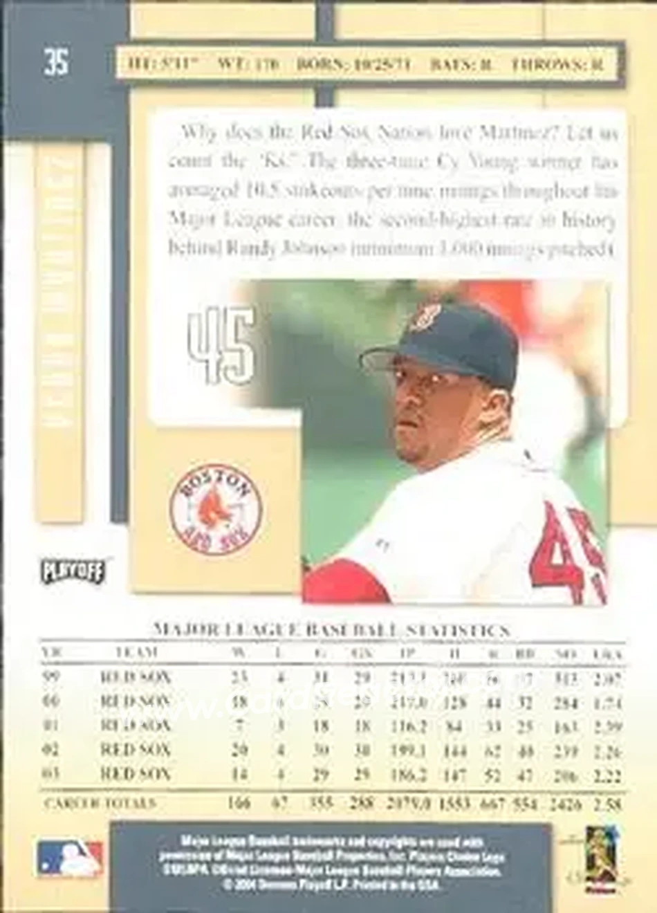 2004 Playoff Prestige #35 - Pedro Martinez - Boston Red Sox - Back 2004 Playoff Prestige #35 - Pedro Martinez - Boston Red Sox - Back