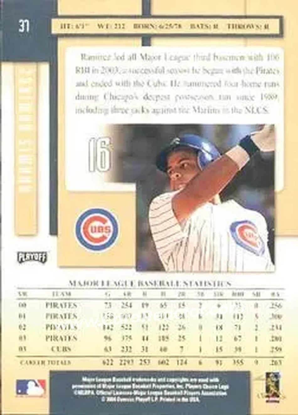 2004 Playoff Prestige #37 - Aramis Ramirez - Chicago Cubs - Back