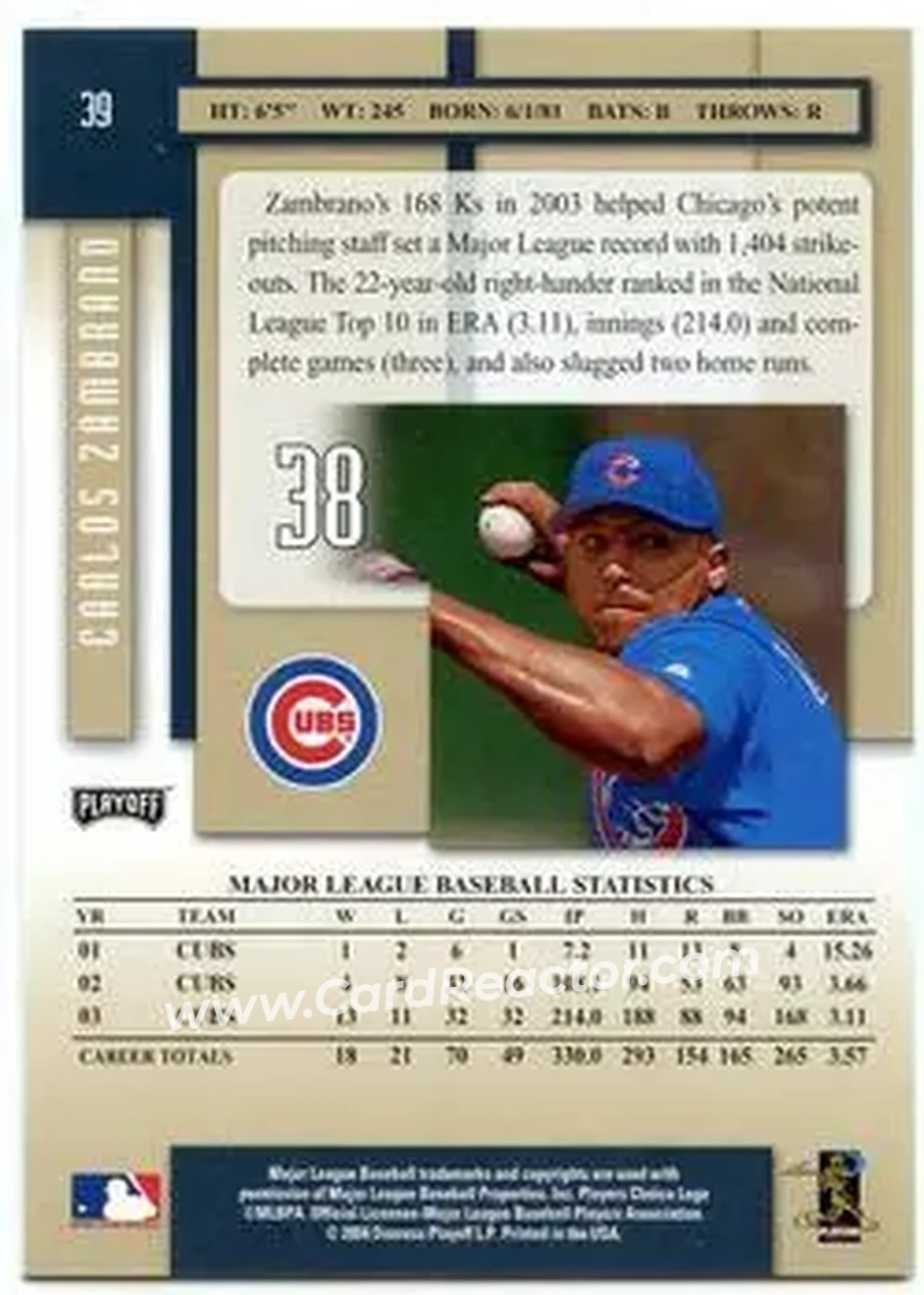 2004 Playoff Prestige #39 - Carlos Zambrano - Chicago Cubs - Back