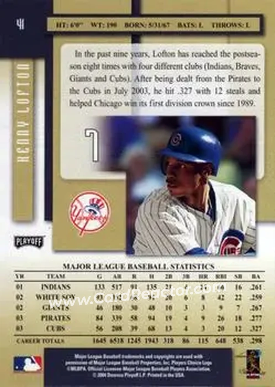 2004 Playoff Prestige #41 - Kenny Lofton - New York Yankees - Back 2004 Playoff Prestige #41 - Kenny Lofton - New York Yankees - Back