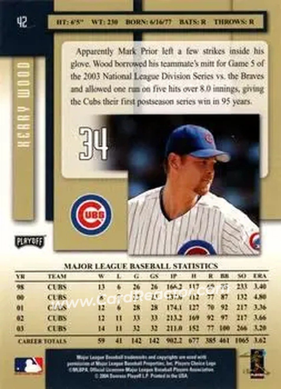2004 Playoff Prestige #42 - Kerry Wood - Chicago Cubs - Back
