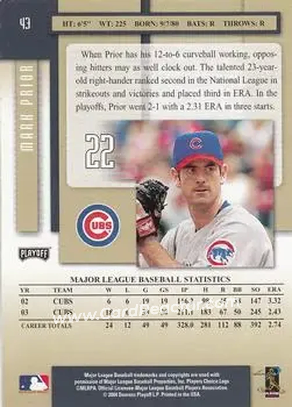 2004 Playoff Prestige #43 - Mark Prior - Chicago Cubs - Back