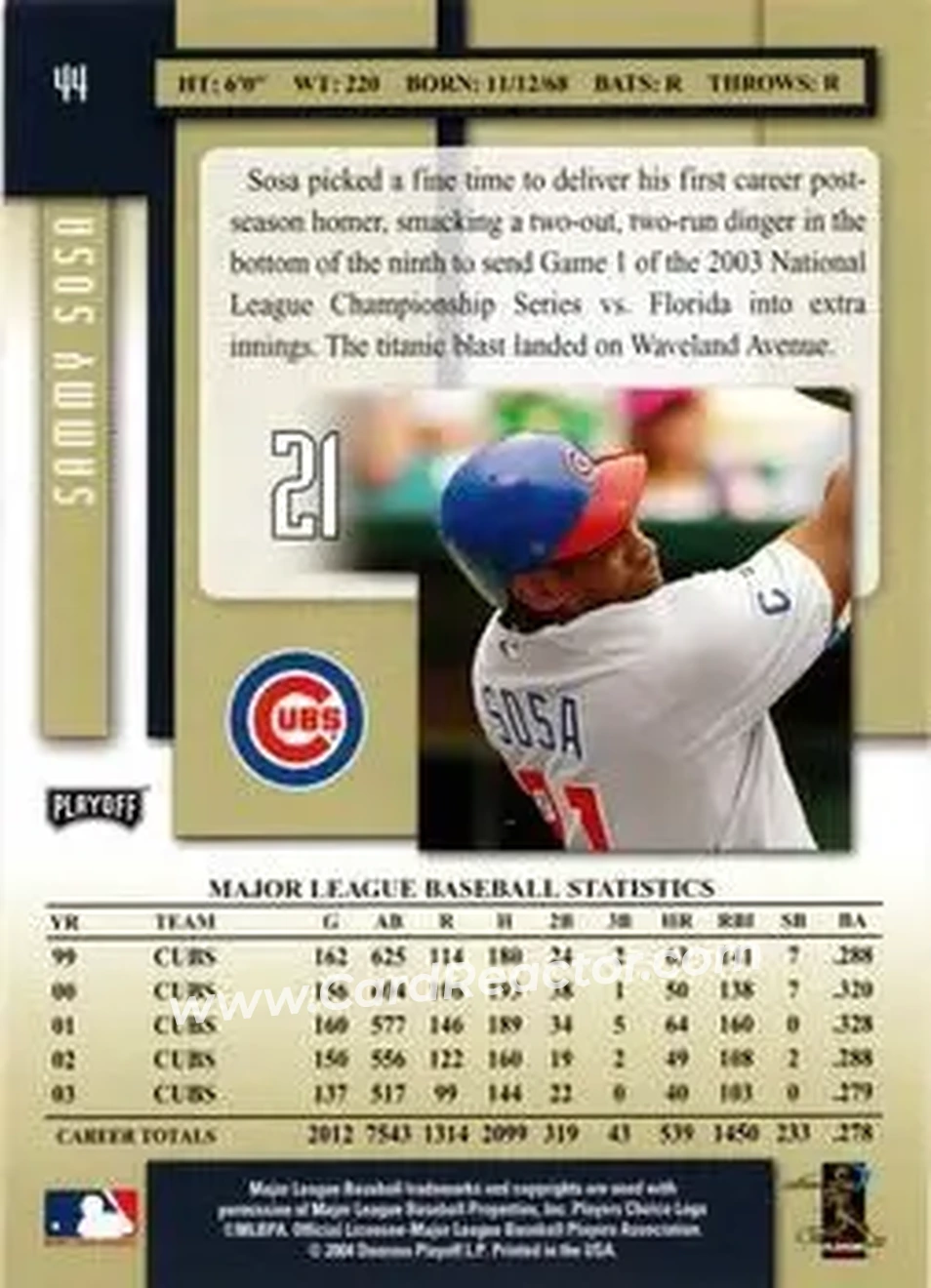2004 Playoff Prestige #44 - Sammy Sosa - Chicago Cubs - Back 2004 Playoff Prestige #44 - Sammy Sosa - Chicago Cubs - Back